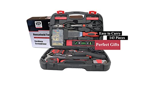 Small Home Tool Kit included Battery Screwdriver Cordless Women's Tool Kit with Case-SAVWAY P7994 Hand Tool Set with Black Toolbox for DIY Projects