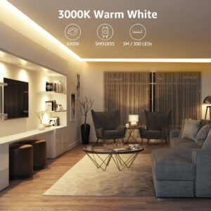Lepro LED Strip Light White, 16.4Ft Dimmable Vanity Lights, 3000K Super Bright LED Tape Lights, 300 LEDs SMD 2835, Strong 3M Adhesive, Suitable for Home, Kitchen, Under Cabinet, Bedroom, Warm White