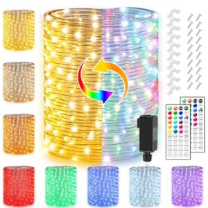 66ft 200led rope lights outdoor string lights, 30 colors+warm white outdoor led lights plug in, rgb color changing fairy lights with remote rope lighting for camping garden patio party christmas décor