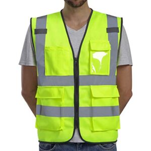 dib safety vest reflective ansi class 2, high visibility vest with pockets and zipper, construction work vest hi vis yellow l