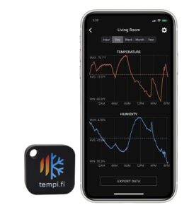 tempi.fi mini wireless temperature and humidity sensor - developed in the usa - 24/7 data logger with alarm – bluetooth smart thermometer and hygrometer - monitor refrigerator freezer pets (t3)