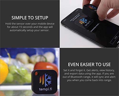 tempi.fi Mini Wireless Temperature and Humidity Sensor - Developed in The USA - 24/7 Data Logger with Alarm – Bluetooth Smart Thermometer and Hygrometer - Monitor Refrigerator Freezer Pets (T3)