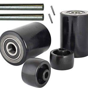 Pallet Jack/Truck Load Wheels Set with Axles and Entry Exit Roller 2.75" x 3.75" with Bearings ID 20mm Poly Tread Black