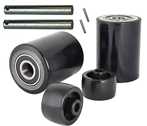 Pallet Jack/Truck Load Wheels Set with Axles and Entry Exit Roller 2.75" x 3.75" with Bearings ID 20mm Poly Tread Black