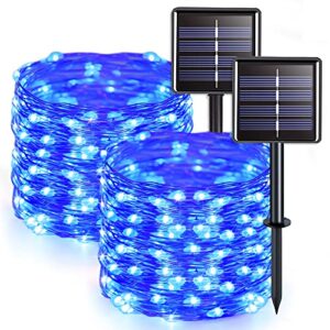 jmexsuss 2 pack blue solar christmas lights, 33ft 100 led solar string lights outdoor waterproof, 8 modes copper wire mini solar fairy lights for outside patio garden tree party christmas decorations