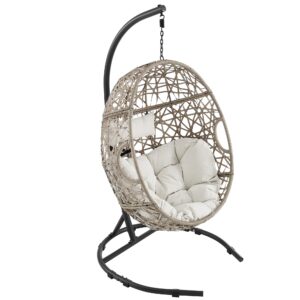 Ulax Furniture Egg Chair, Hanging Swing Chair with Stand, Outdoor Patio Wicker Tear Drop Hammock Chair with Cushion (Beige)