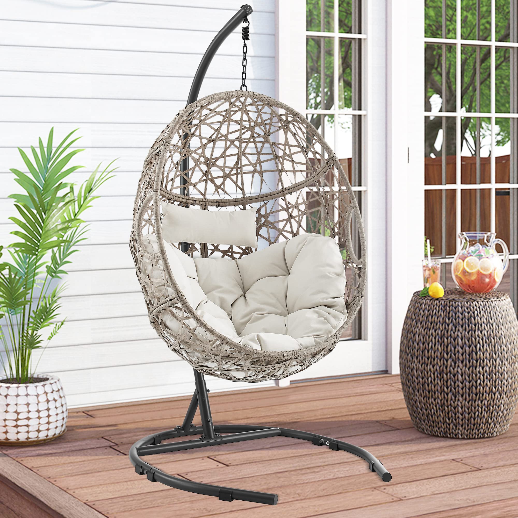 Ulax Furniture Egg Chair, Hanging Swing Chair with Stand, Outdoor Patio Wicker Tear Drop Hammock Chair with Cushion (Beige)