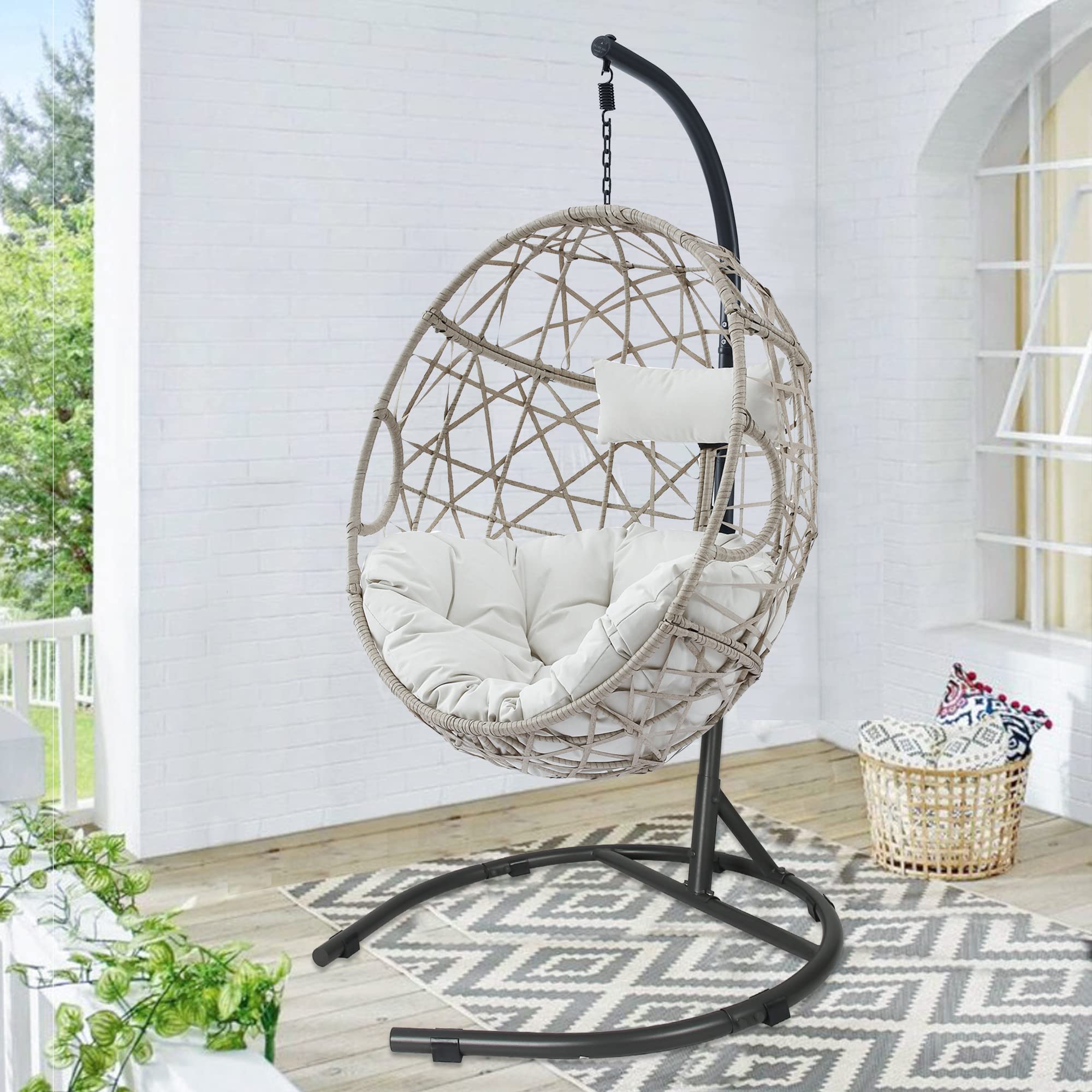 Ulax Furniture Egg Chair, Hanging Swing Chair with Stand, Outdoor Patio Wicker Tear Drop Hammock Chair with Cushion (Beige)