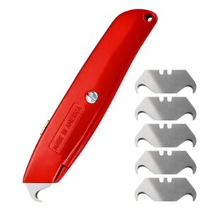 WEUPE Hook Blade Utility Knife with 5 Utility Hook Blades, Carpet Knife, Shingle Cutter Roofing Knife, Made in USA