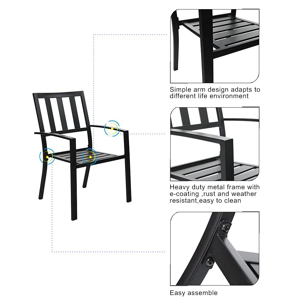 MFSTUDIO 7-Piece Metal Patio Dining Sets with 6 Steel Striped Armrest Chairs and 60" Rectangular Outdoor Dining Table, Black