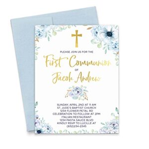 elegant first communion invitations for boys, blue florals first holy communion invites, your choice of quantity and envelope color