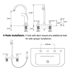 SHACO Stainless Steel Kitchen Faucet with Side Sprayer, Brushed Nickel Faucet for Kitchen Sinks 3 Hole or 4 Hole, 2 Handle High Arc RV Kitchen Faucet with Pull Out Sprayer