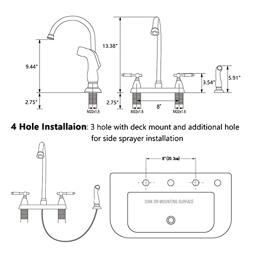 SHACO Stainless Steel Kitchen Faucet with Side Sprayer, Brushed Nickel Faucet for Kitchen Sinks 3 Hole or 4 Hole, 2 Handle High Arc RV Kitchen Faucet with Pull Out Sprayer