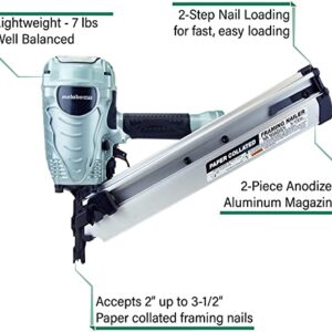 Metabo HPT NR90ADS1 Pneumatic Framing Nailer, 2" up to 3-1/2" Paper Collated Nails .113 - .148, Tool-less Depth Adjustment, 30 Degree Magazine, Selective Actuation Switch (Renewed)
