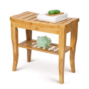 oasiscraft bamboo shower bench and chair with free soap dish, 19" waterproof bamboo shower seat bench with shelf, wooden bathroom seat stool spa bath organizer, perfect for indoor outdoor