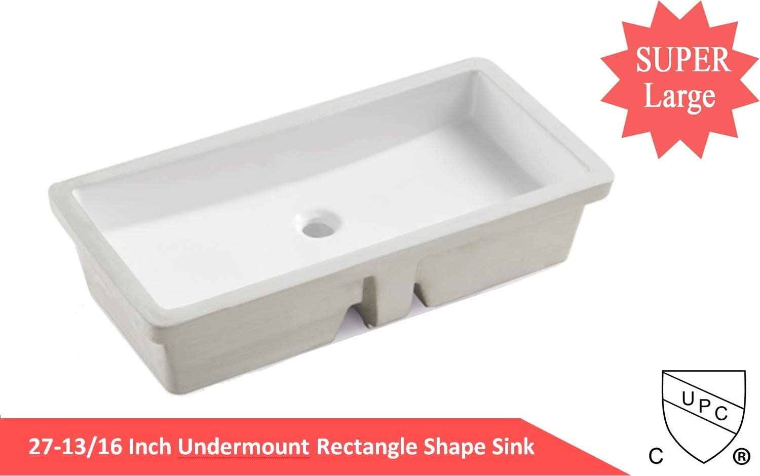 KINGSMAN Rectrangle Undermount Vitreous Ceramic Lavatory Vanity Bathroom Sink Pure White (27.9 Inch with Pop-up Drain)