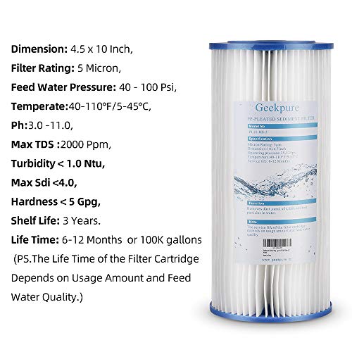 Geekpure 10-Inch Whole House Pleated PP Sediment Filter-4.5" x 10"-5 Micron