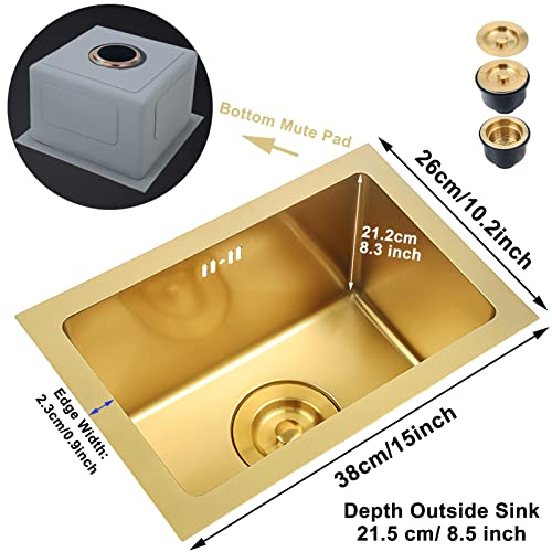 Gold Bar Prep Sink Mini Trumpet Kitchen Essential Sink 15 x10 Inch Rectangular Stainless Steel RV Utility Sink with Golden Drain Strainer Stopper, Single Bowl Undermount or Drop-In