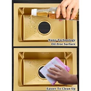 Gold Bar Prep Sink Mini Trumpet Kitchen Essential Sink 15 x10 Inch Rectangular Stainless Steel RV Utility Sink with Golden Drain Strainer Stopper, Single Bowl Undermount or Drop-In