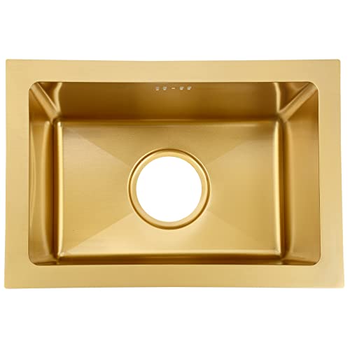 Gold Bar Prep Sink Mini Trumpet Kitchen Essential Sink 15 x10 Inch Rectangular Stainless Steel RV Utility Sink with Golden Drain Strainer Stopper, Single Bowl Undermount or Drop-In