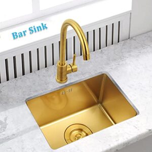 Gold Bar Prep Sink Mini Trumpet Kitchen Essential Sink 15 x10 Inch Rectangular Stainless Steel RV Utility Sink with Golden Drain Strainer Stopper, Single Bowl Undermount or Drop-In