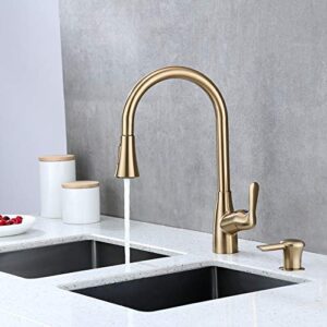 Derengge KF-058S-CS Single Handle Pull-Down Kitchen Faucet with Soap Dispenser, 2 Hole Installation, Meets cUPC NSF 61-9 AB1953, Brushed Gold Finished