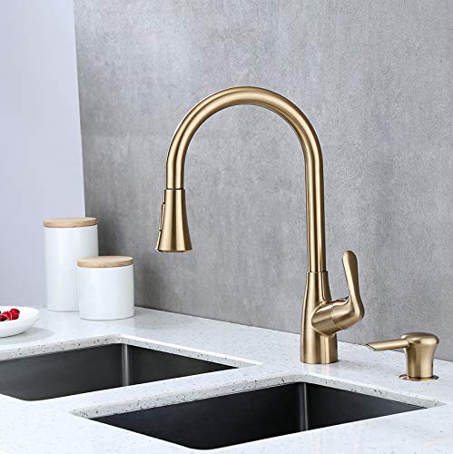 Derengge KF-058S-CS Single Handle Pull-Down Kitchen Faucet with Soap Dispenser, 2 Hole Installation, Meets cUPC NSF 61-9 AB1953, Brushed Gold Finished