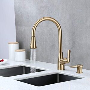 Derengge KF-058S-CS Single Handle Pull-Down Kitchen Faucet with Soap Dispenser, 2 Hole Installation, Meets cUPC NSF 61-9 AB1953, Brushed Gold Finished