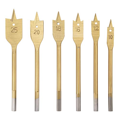 uxcell Spade Drill Bits for Wood Paddle Flat Bit 10 12 16 18 20 25 mm Hex Shank for Woodworking DIY Cutter Tool, High Speed Steel 6in1 Set