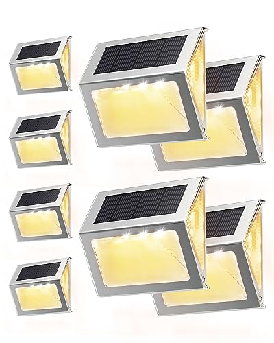 JACKYLED Solar Outdoor Deck Step Lights 8-Pack, 3-Side 270°Lighting 7 LED, Upgraded Solar Stair Lights IP65 Waterproof Solar Fence Lighting for Post, Dock, Patio, Backyard, Garden (Warm Yellow)