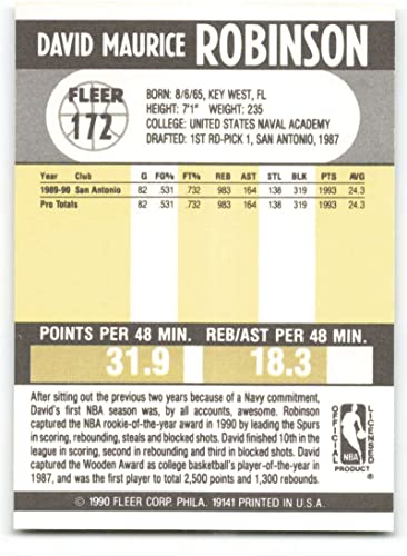 1990-91 Fleer #172 David Robinson NM-MT San Antonio Spurs Licensed NBA Basketball Trading Card