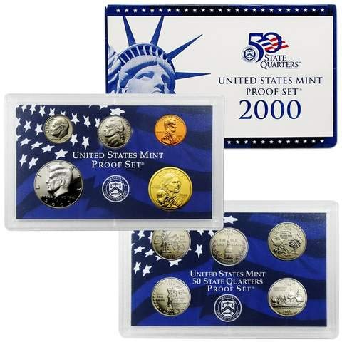 2000 S Gem 10-Piece Proof Set - Penny, Nickel, Dime, 5-Statehood Quarters, Kennedy Half and Sacagawea Dollar US Mint OGP - Excellent Proof Coins