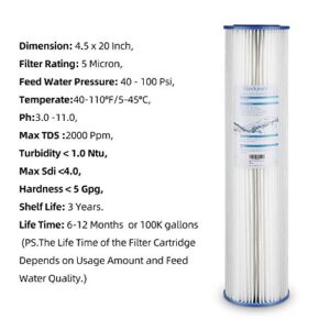 Geekpure Whole House Pleated PP Polypropylene Sediment Filter -4.5" x 20"-5 Micron (Pack 4)