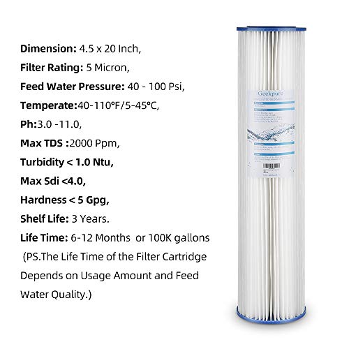 Geekpure Whole House Pleated PP Polypropylene Sediment Filter -4.5" x 20"-5 Micron (Pack 4)