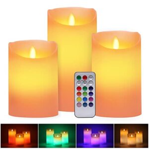 flameless led candles light, aled light 3 pack warm white plus multicolor real wax battery operated electric led battery candles with timer flameless pillar candles for decoration
