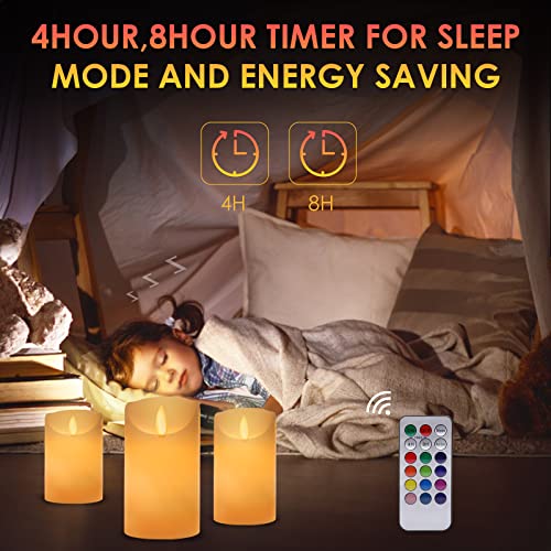 Flameless LED Candles Light, ALED LIGHT 3 Pack Warm White Plus Multicolor Real Wax Battery Operated Electric LED Battery Candles with Timer FLameless Pillar Candles for Decoration