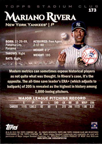 2019 Topps Stadium Club #173 Mariano Rivera New York Yankees Baseball Card