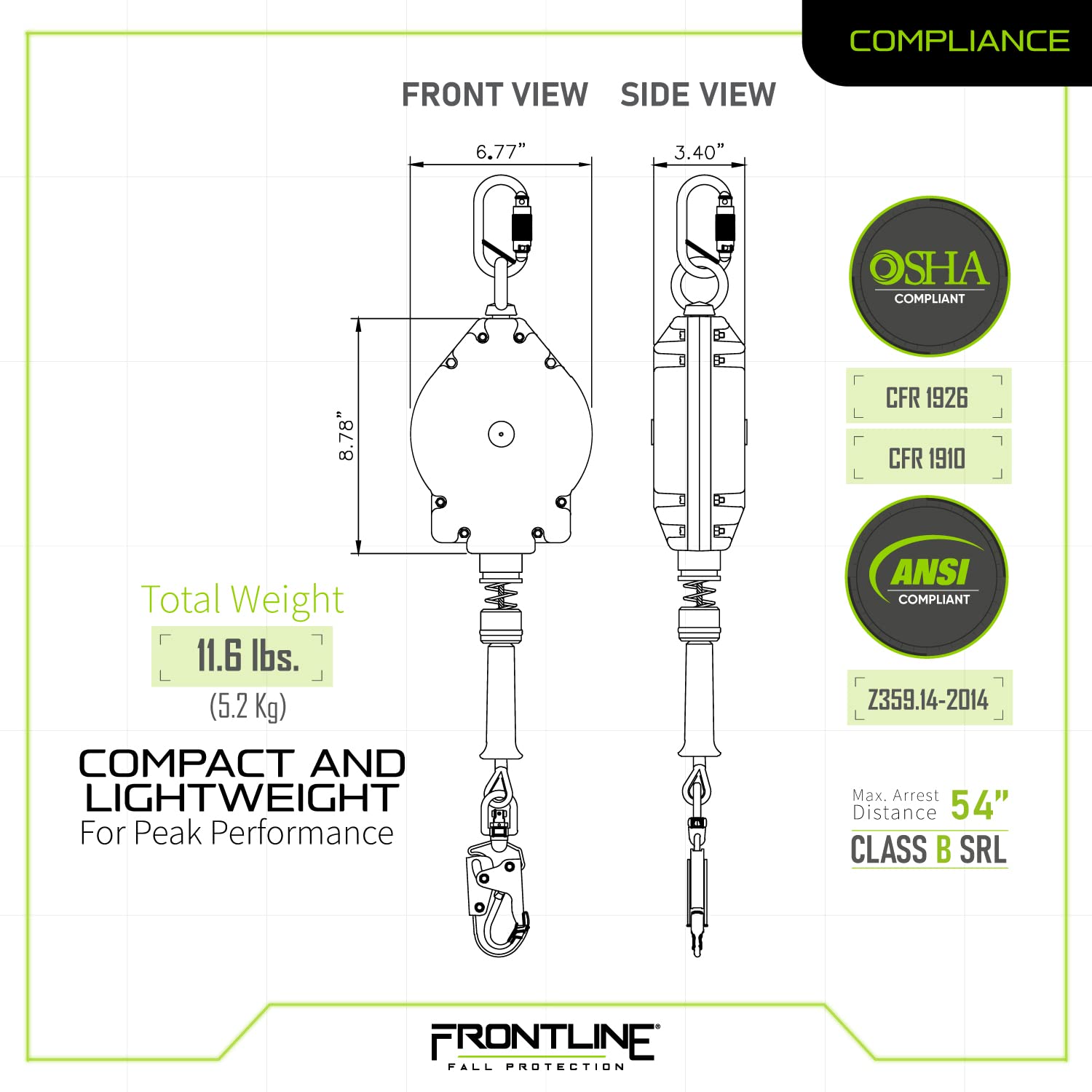 Frontline RPG30 Cable Single Leg 30ft SRL with Steel Snap Hook End.| Roofing | Construction | Personal Fall Arrest Protection | Galvanized Steel Retractable Lifeline/Safety Yoyo