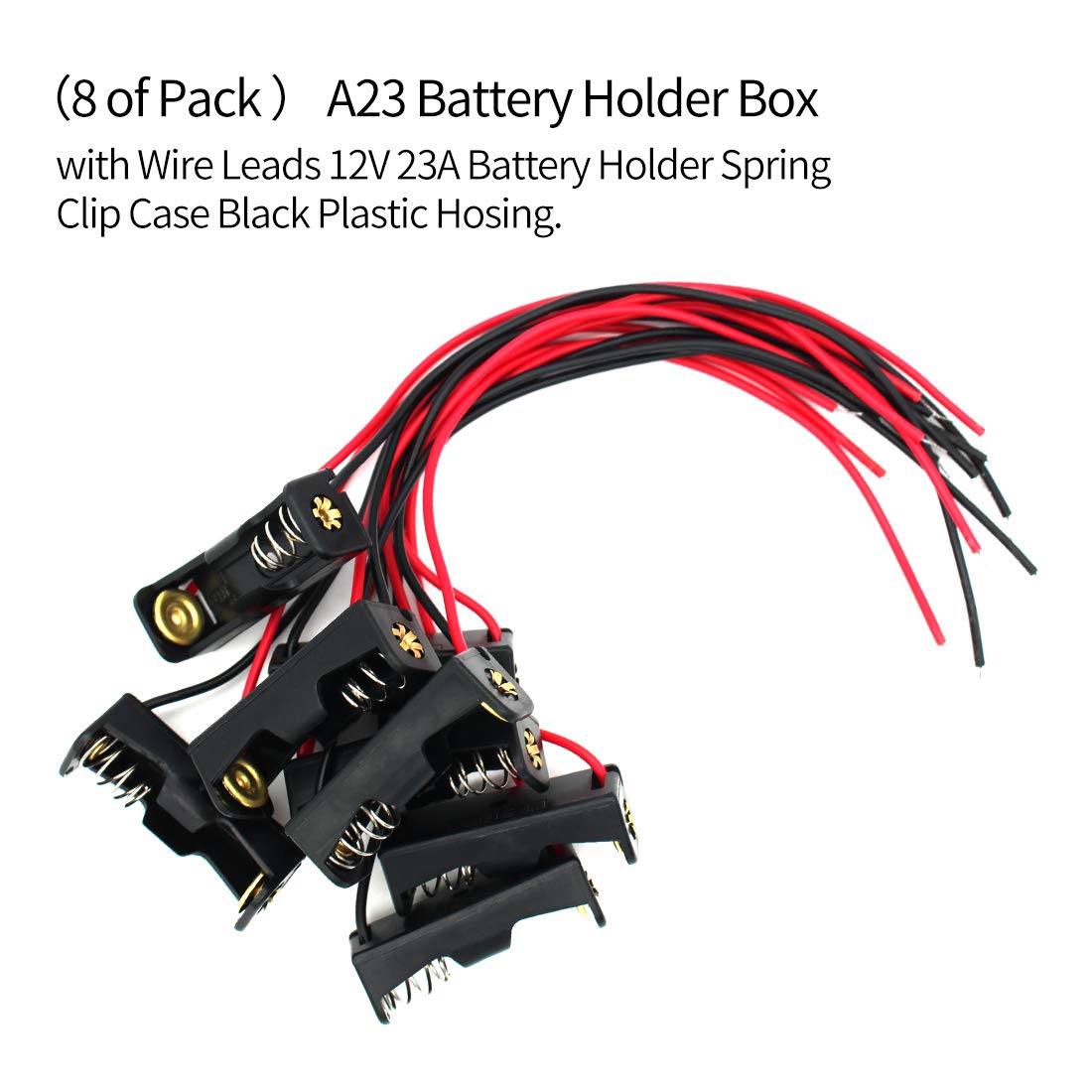 8 Pack A23 Battery Holder Box with Wire Leads 12V 23A Battery Holder Spring Clip Case Black Plastic Housing.