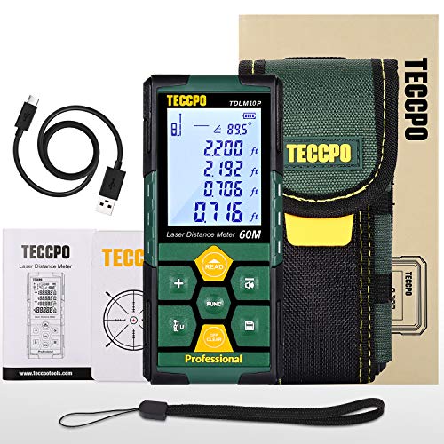 Laser Measure Rechargeable, TECCPO Laser Distance Meter 196ft, 99 Sets Data Storage, Electronic Angle Sensor, 2.25' LCD Backlit, Mute Function, Measure Distance, Area, Volume, Pythagoras - TDLM10P