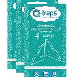 Qtraps Window Fly Traps | Disposable Indoor Fly Catchers w/Non-Toxic Sticky Glue & Decorative Blue Design | Fold Box & Place in Corner of Sill to Catch & Hide Flying Pests (12 Traps)