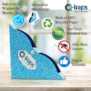 Qtraps Window Fly Traps | Disposable Indoor Fly Catchers w/Non-Toxic Sticky Glue & Decorative Blue Design | Fold Box & Place in Corner of Sill to Catch & Hide Flying Pests (12 Traps)