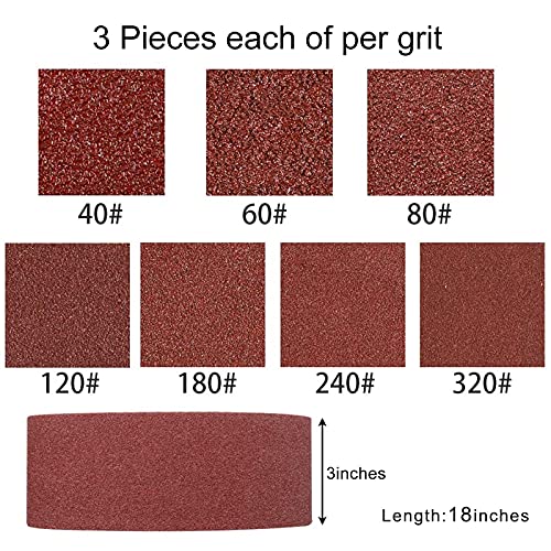 Coceca 3x18 Inch Sanding Belts, 21 Packs Belt Sander Paper Aluminum Oxide Sandpaper (Assorted 3 Each of 40 60 80 120 180 240 320 Grit) for Sander Woodworking