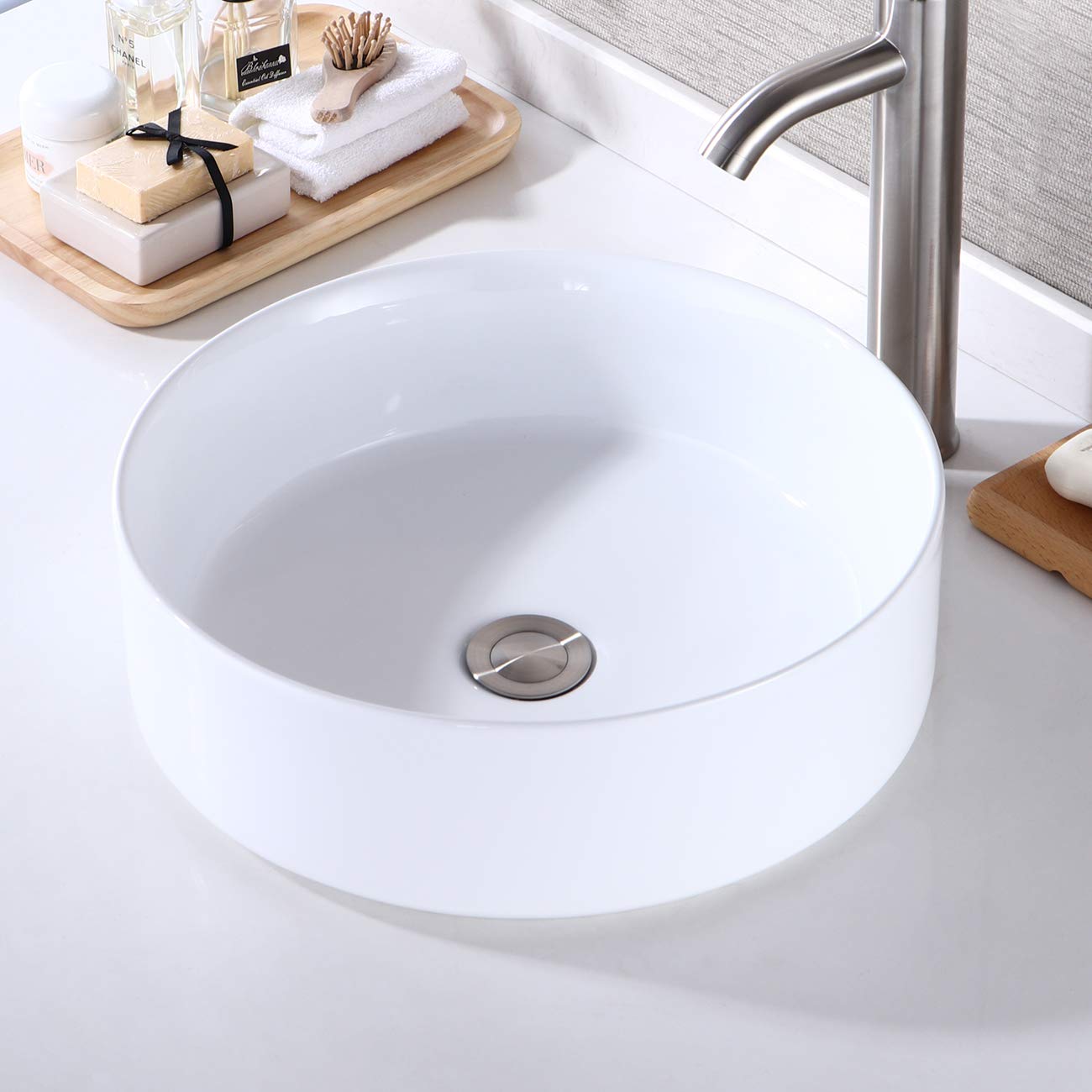 KES Vessel Sink, Bathroom Vessel Sink Bowl 16 Inch Round Above Counter Circular White Vessel Sink Countertop Sink for Cabinet Lavatory Vanity, BVS121