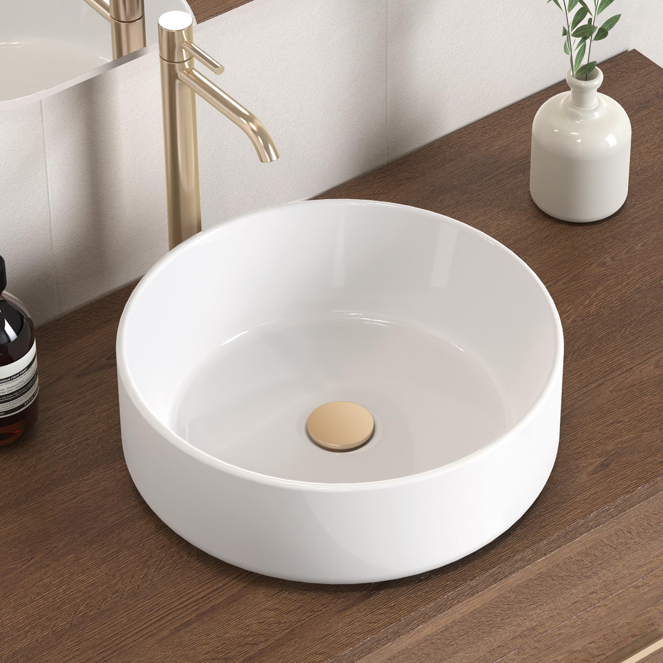 KES Vessel Sink, Bathroom Vessel Sink Bowl 16 Inch Round Above Counter Circular White Vessel Sink Countertop Sink for Cabinet Lavatory Vanity, BVS121