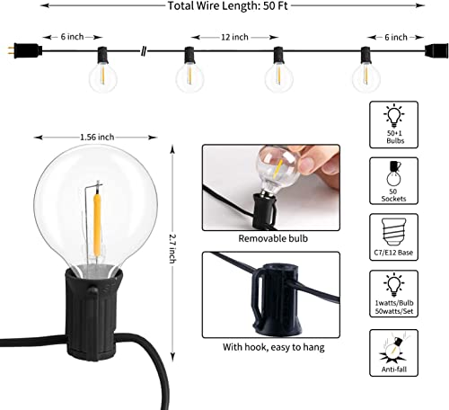 Outdoor String Lights Hanging Globe Patio Lights with 50 G40 Shatterproof Bulbs(2 Spare), IP44 Waterproof Connectable Dimmable 50 Hanging Lights for Indoor Outdoor Decor