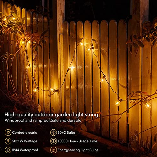Outdoor String Lights Hanging Globe Patio Lights with 50 G40 Shatterproof Bulbs(2 Spare), IP44 Waterproof Connectable Dimmable 50 Hanging Lights for Indoor Outdoor Decor