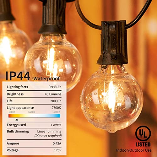 Outdoor String Lights Hanging Globe Patio Lights with 50 G40 Shatterproof Bulbs(2 Spare), IP44 Waterproof Connectable Dimmable 50 Hanging Lights for Indoor Outdoor Decor
