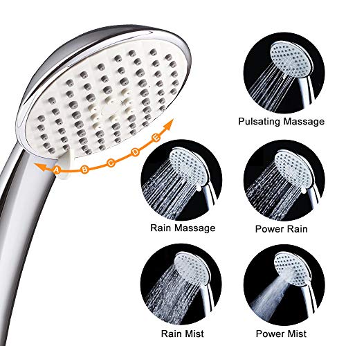 5-Setting High Pressure Handheld Shower Head, NearMoon Multi-functions Powerful Spray Hand Held Showerhead with Adjustable Angle Bracket, Chrome (with 60 Inches Stainless Steel Hose)