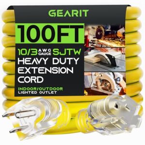 gearit 10/3 outdoor extension cord (100 feet) 10 awg gauge - 3 prong plug - sjtw heavy duty for indoor/outdoor - all purpose weather resistant - power cord for lawn, garden, appliances - 100ft